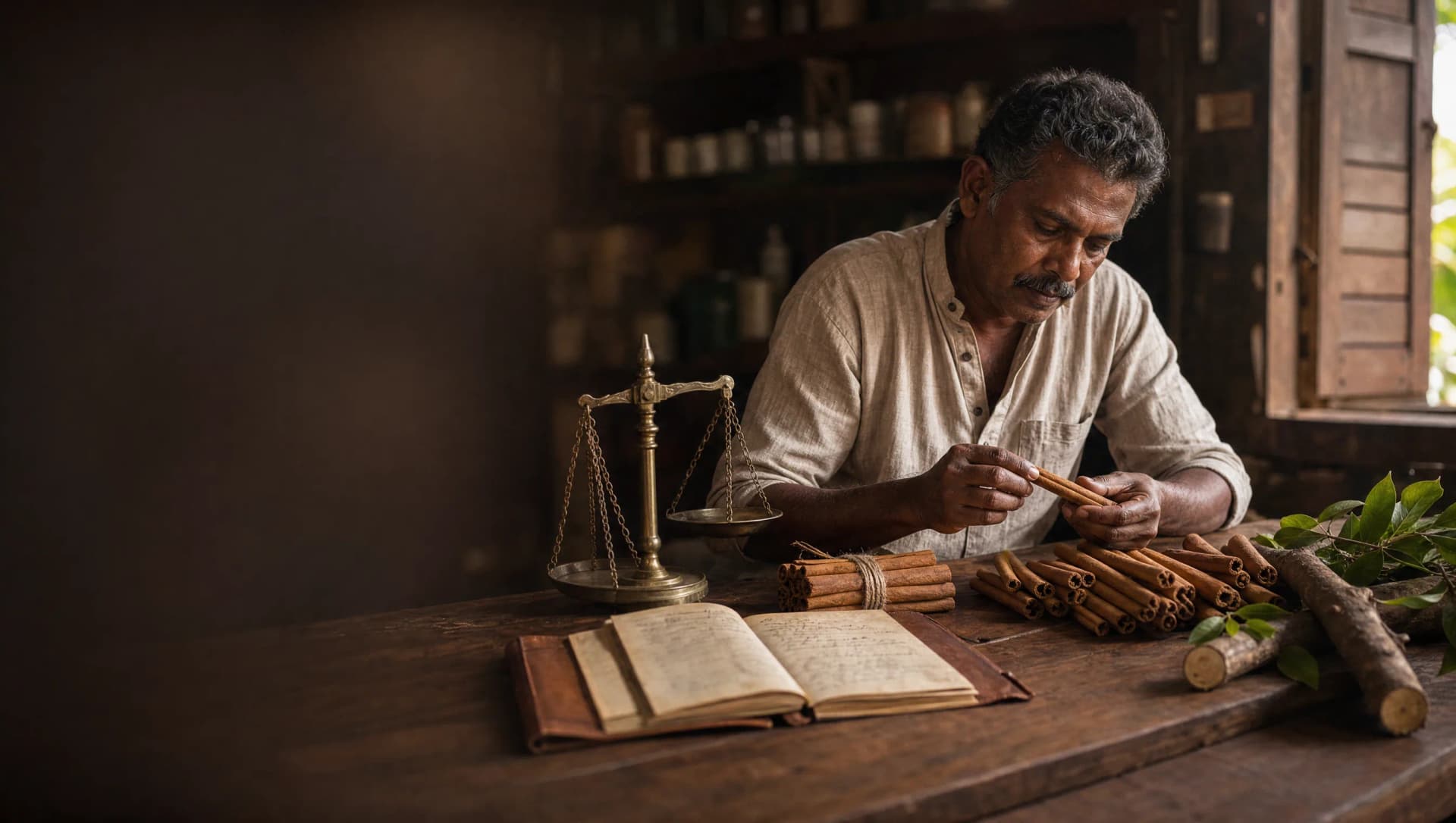 Sri Lankan spice craftsman's workshop with cinnamon, ledger and brass scale