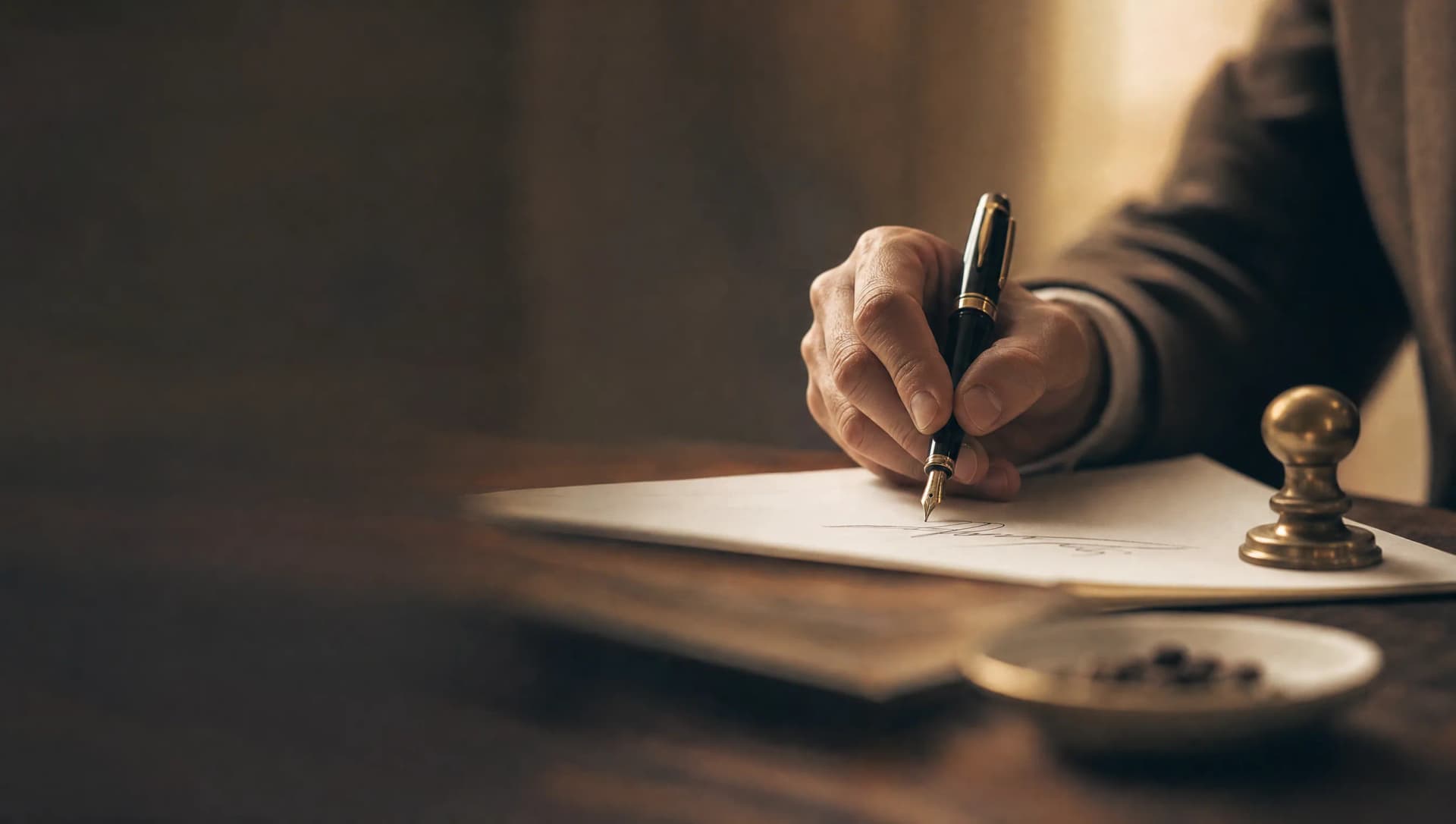 Fountain pen mid-signature on a trade application document