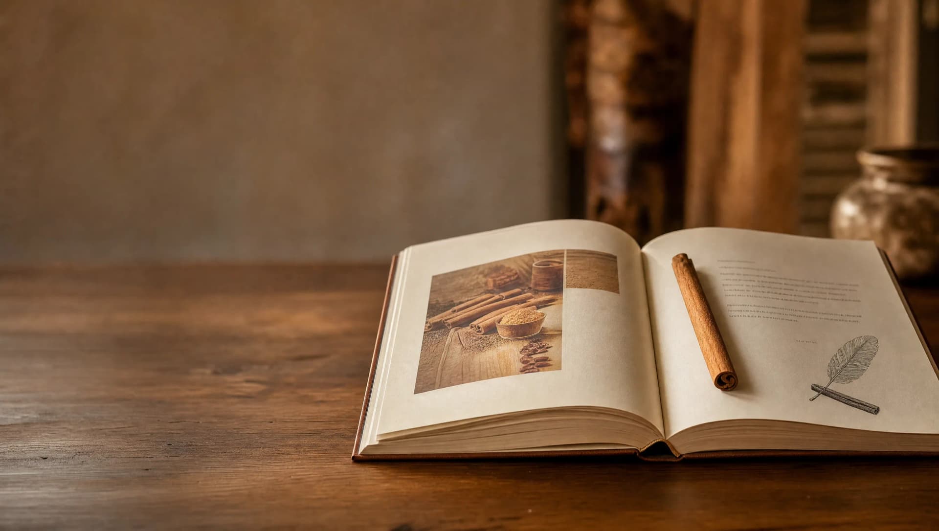 Open hardcover trade catalogue with a cinnamon quill bookmark on a wooden desk