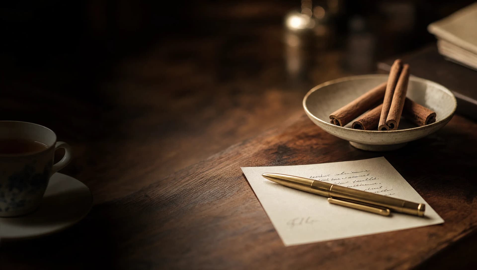 Brass pen on a handwritten note with a small dish of Ceylon cinnamon