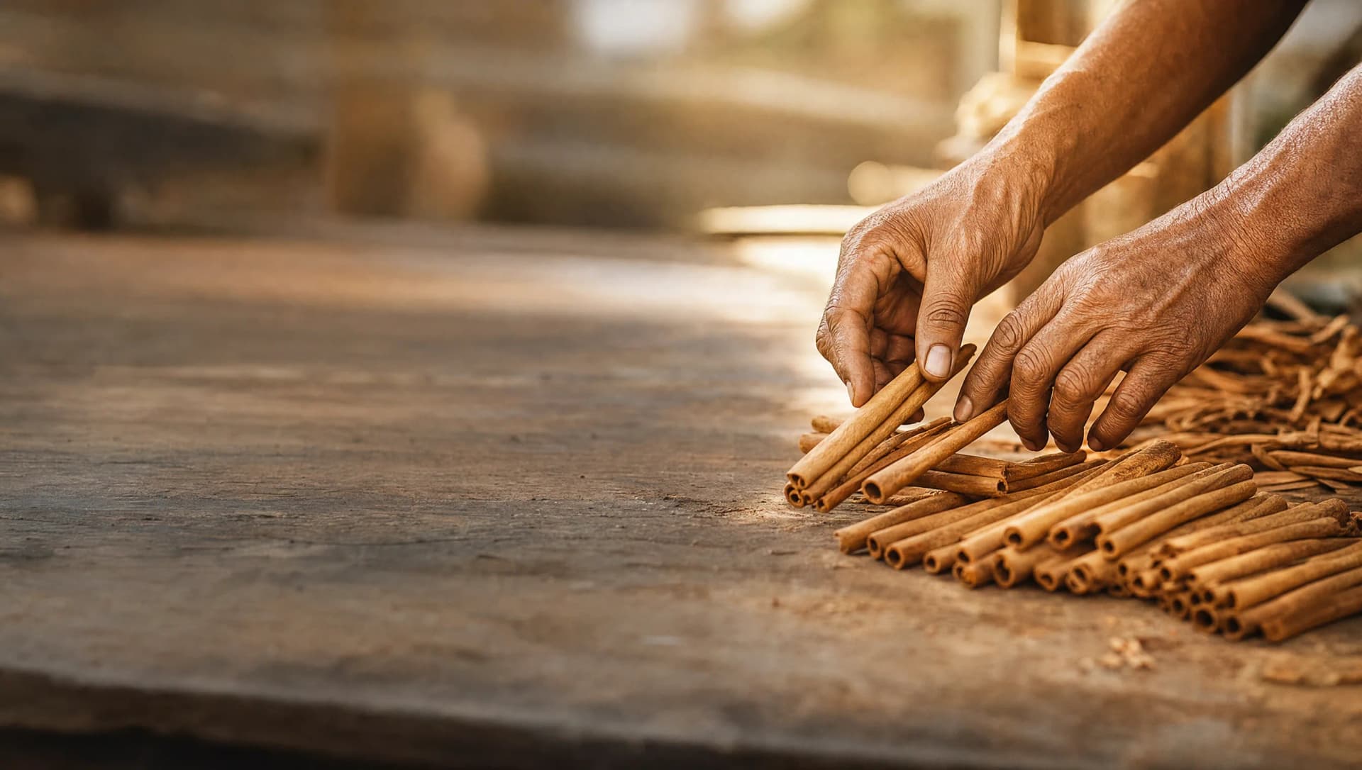 Hands sorting freshly harvested Ceylon cinnamon quills in golden hour light