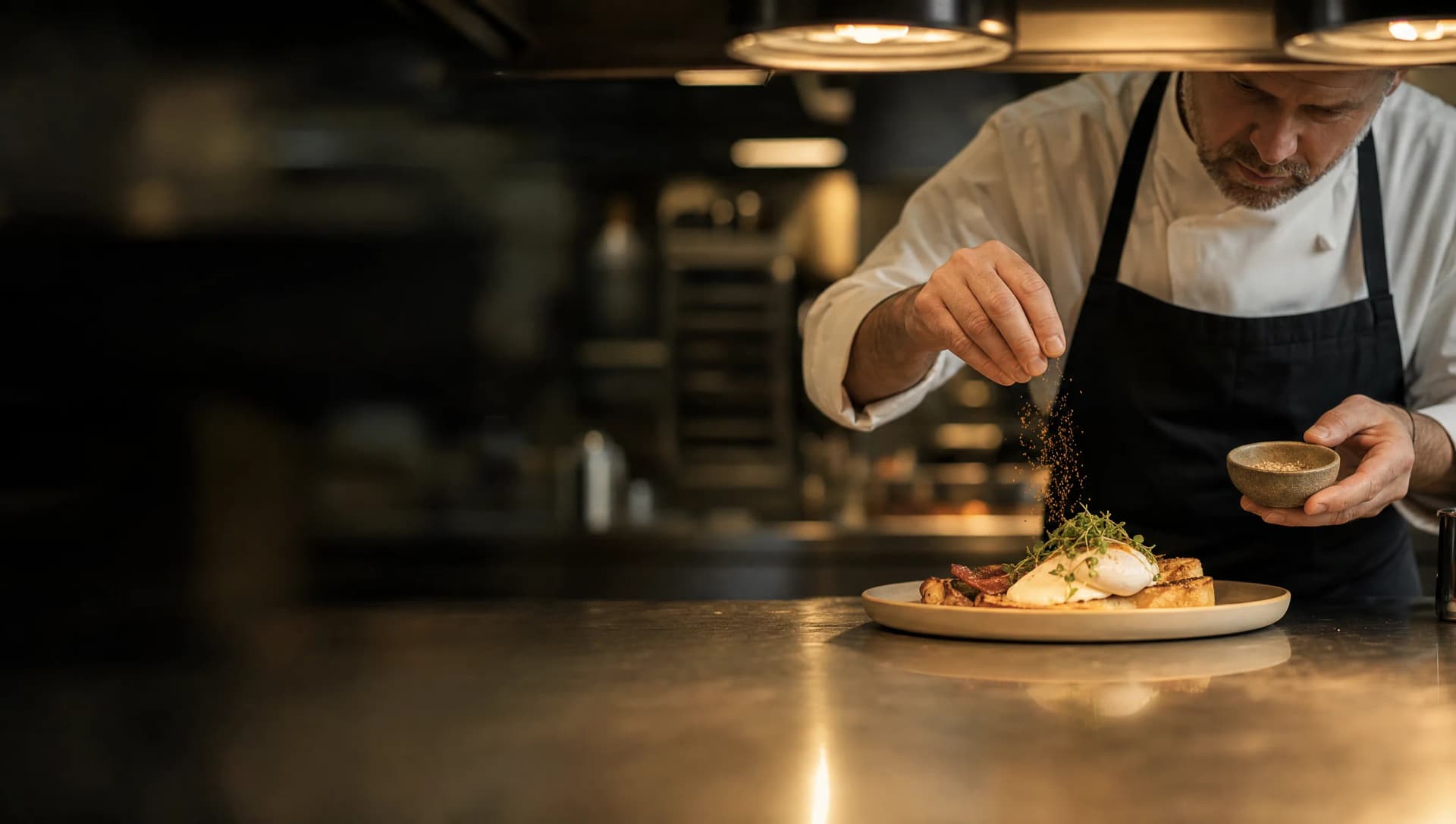 Hotel breakfast service prep — chef plating with spices on stainless pass