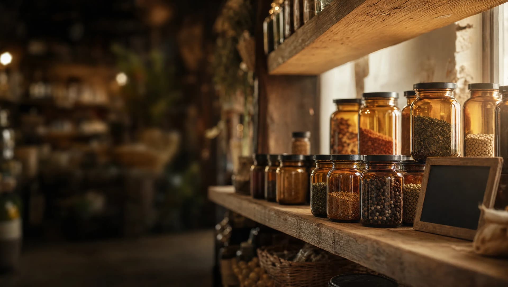 Premium independent retail spice shelf with merchandised spice jars