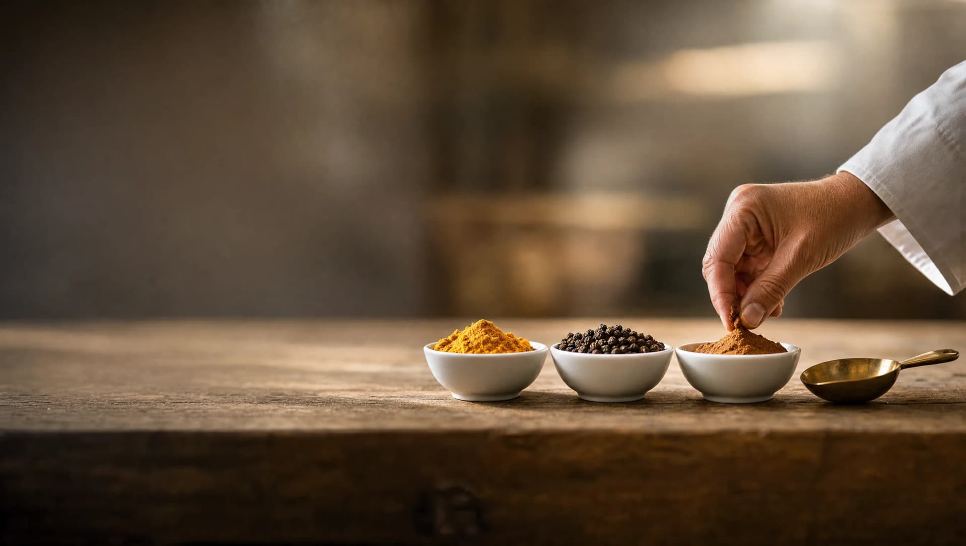 Three small porcelain sample dishes of Sri Lankan spices with a brass scoop