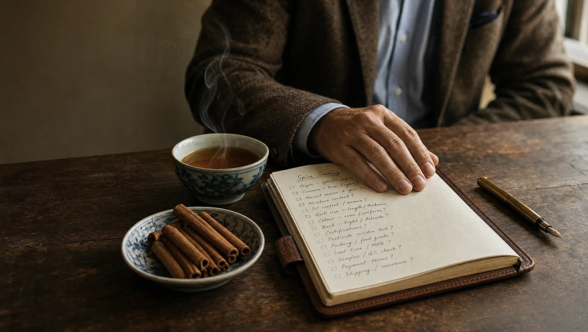 Trade buyer's hand on an open leather notepad with handwritten questions, beside Ceylon cinnamon and a brass fountain pen