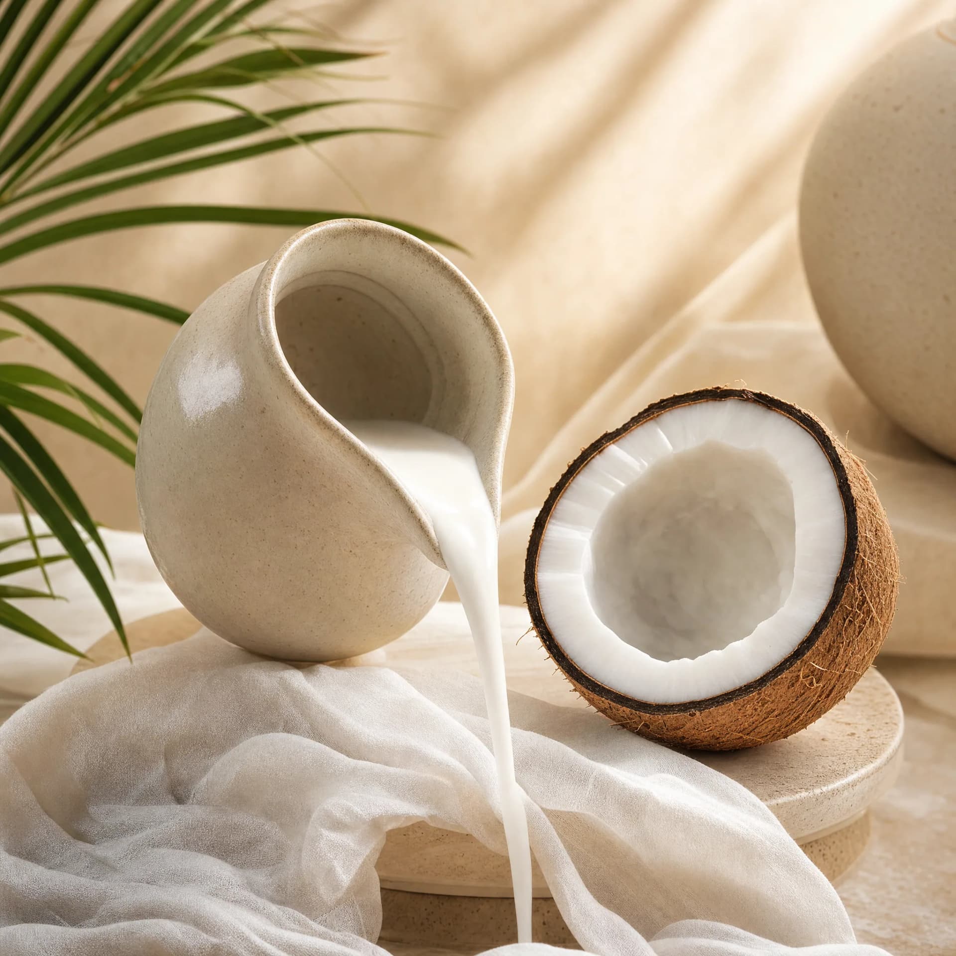 Fresh Sri Lankan coconut milk being poured from a ceramic jug