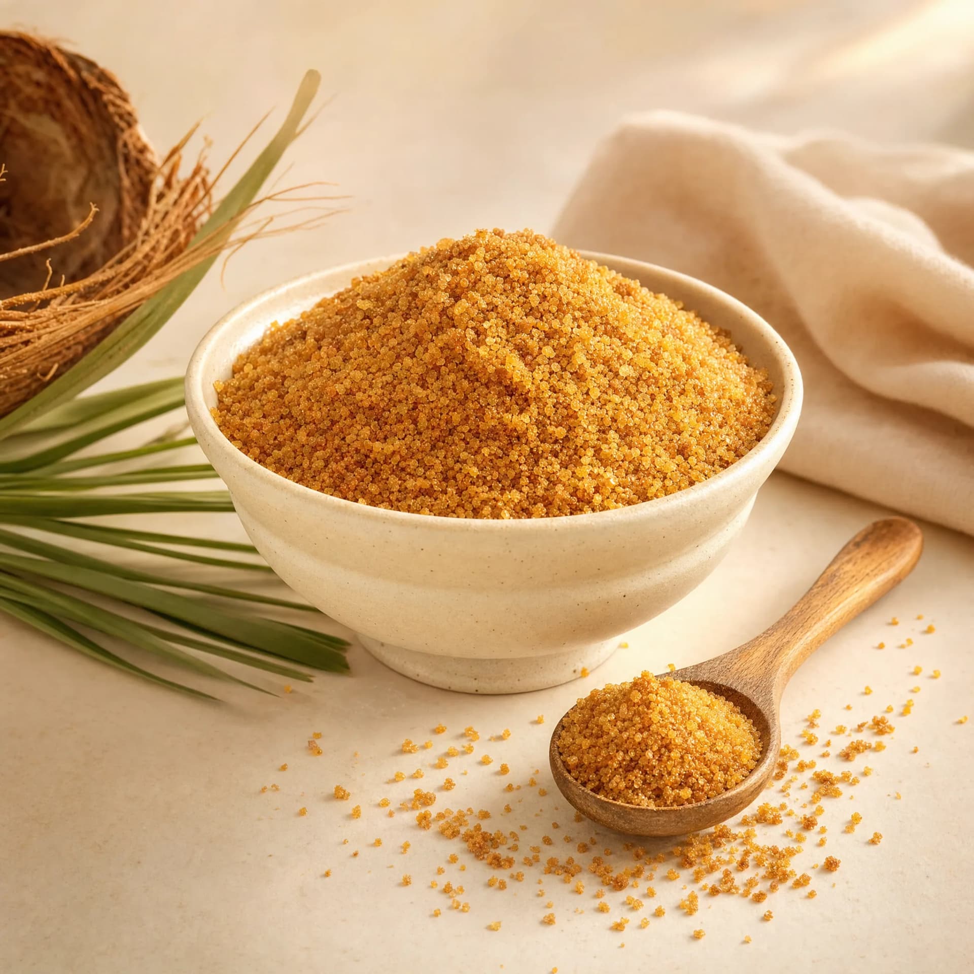 Golden-brown granulated Sri Lankan coconut palm sugar