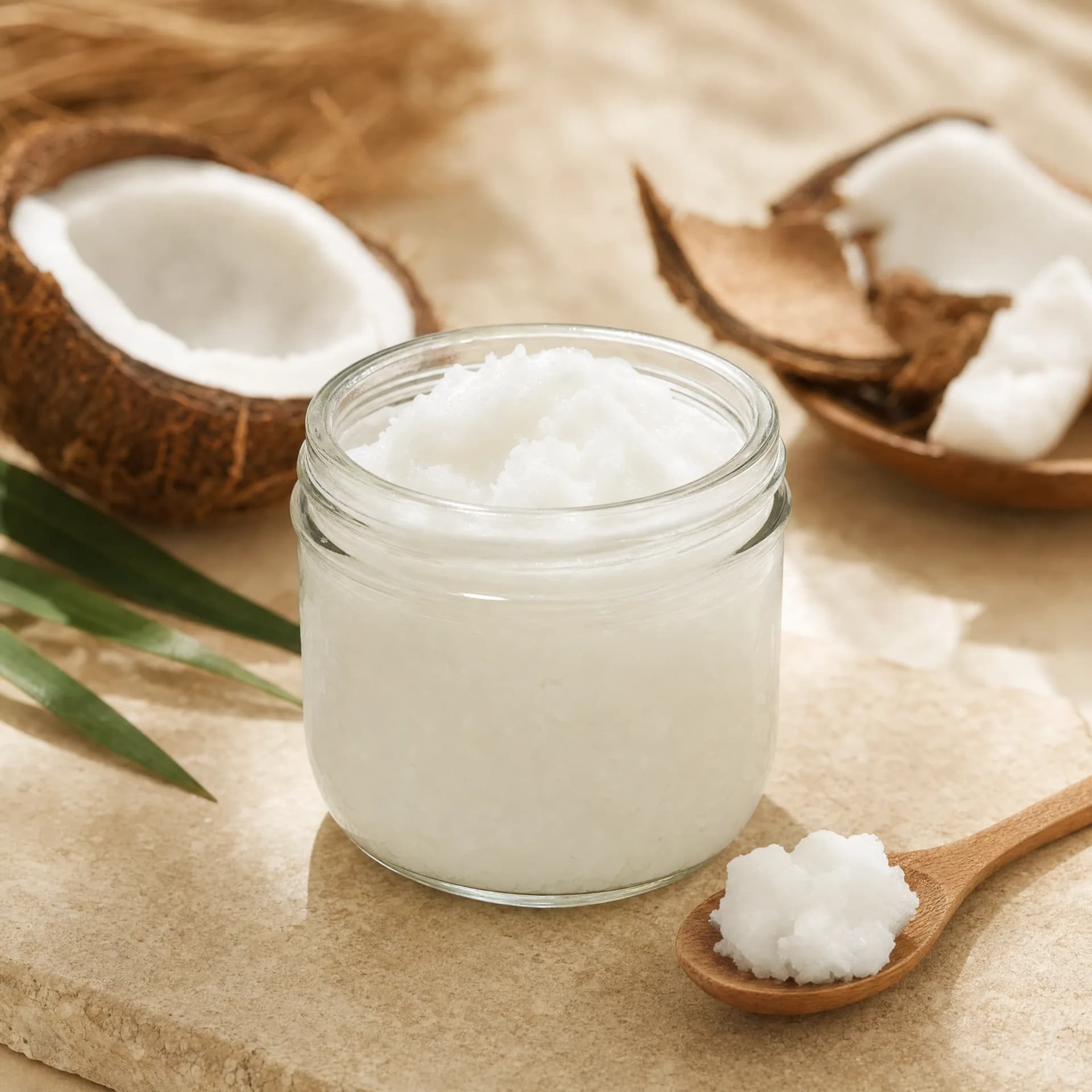Pure white solidified virgin coconut oil in glass jar